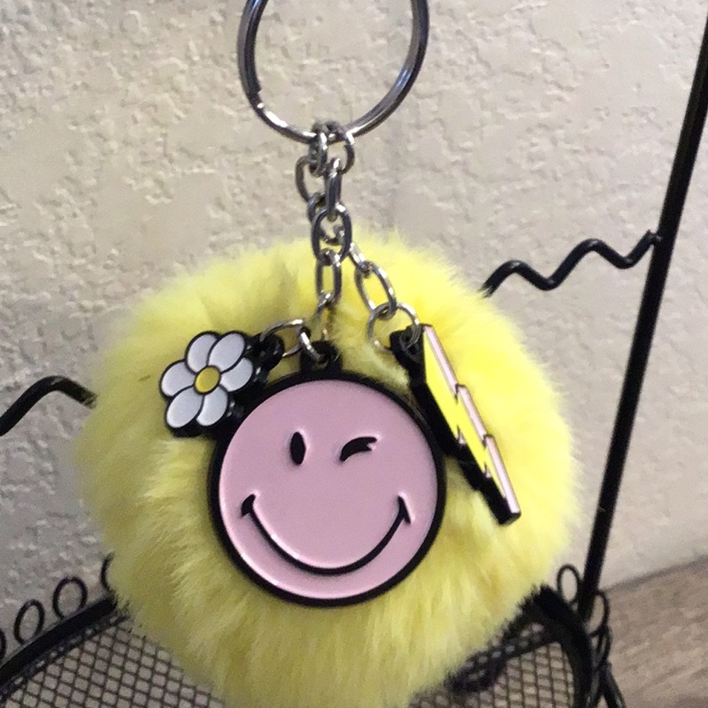 Yellow Fuzzy Ball Smiley Face Bag Charm  Keychain